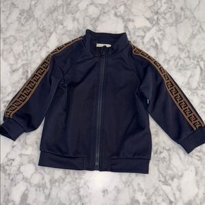 FENDI Navy Jacket with Logo  Patterned Sleeves 18M